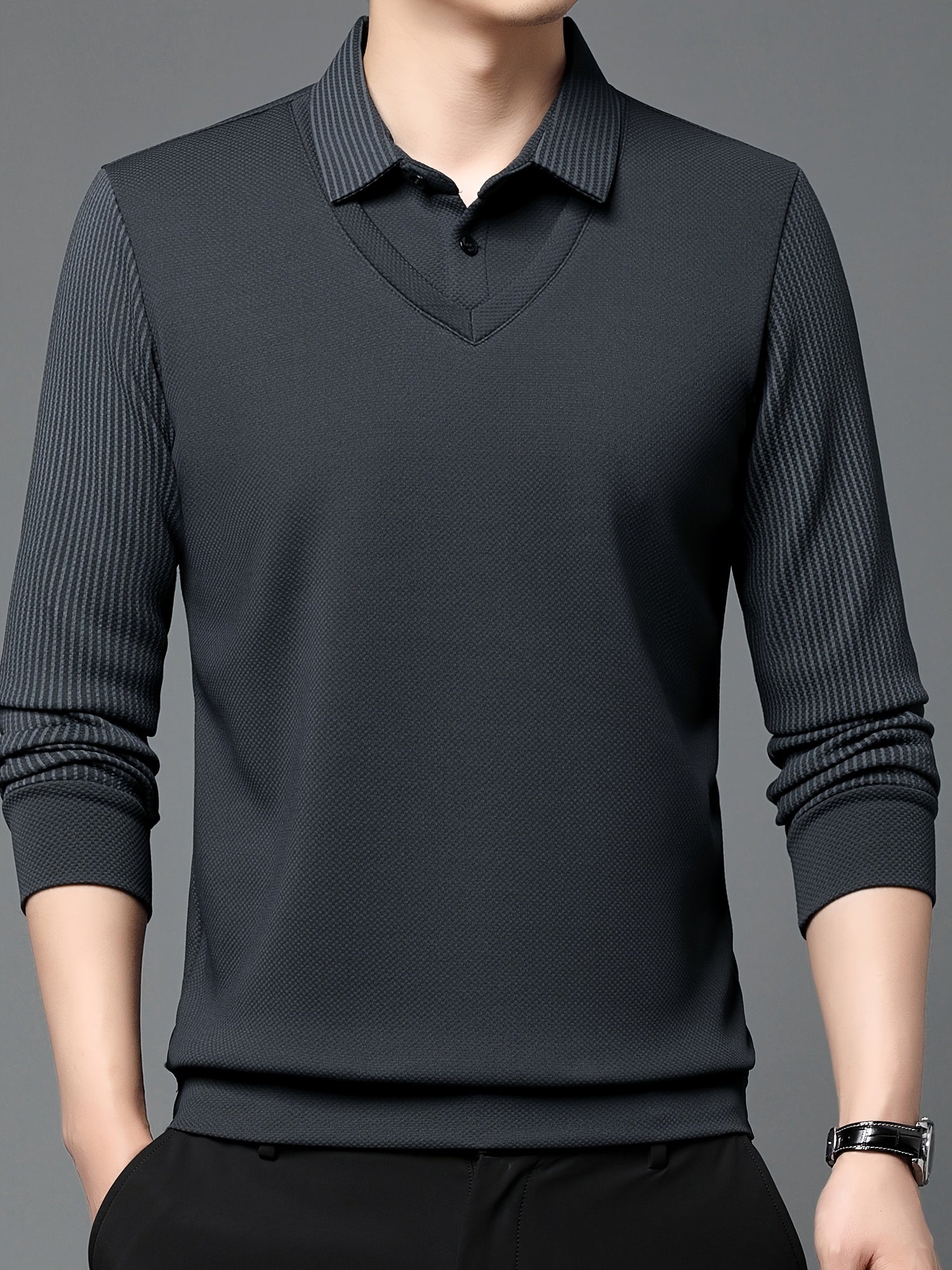 Men's Long Sleeve Striped Casual Golf Shirt for Outdoor Activities