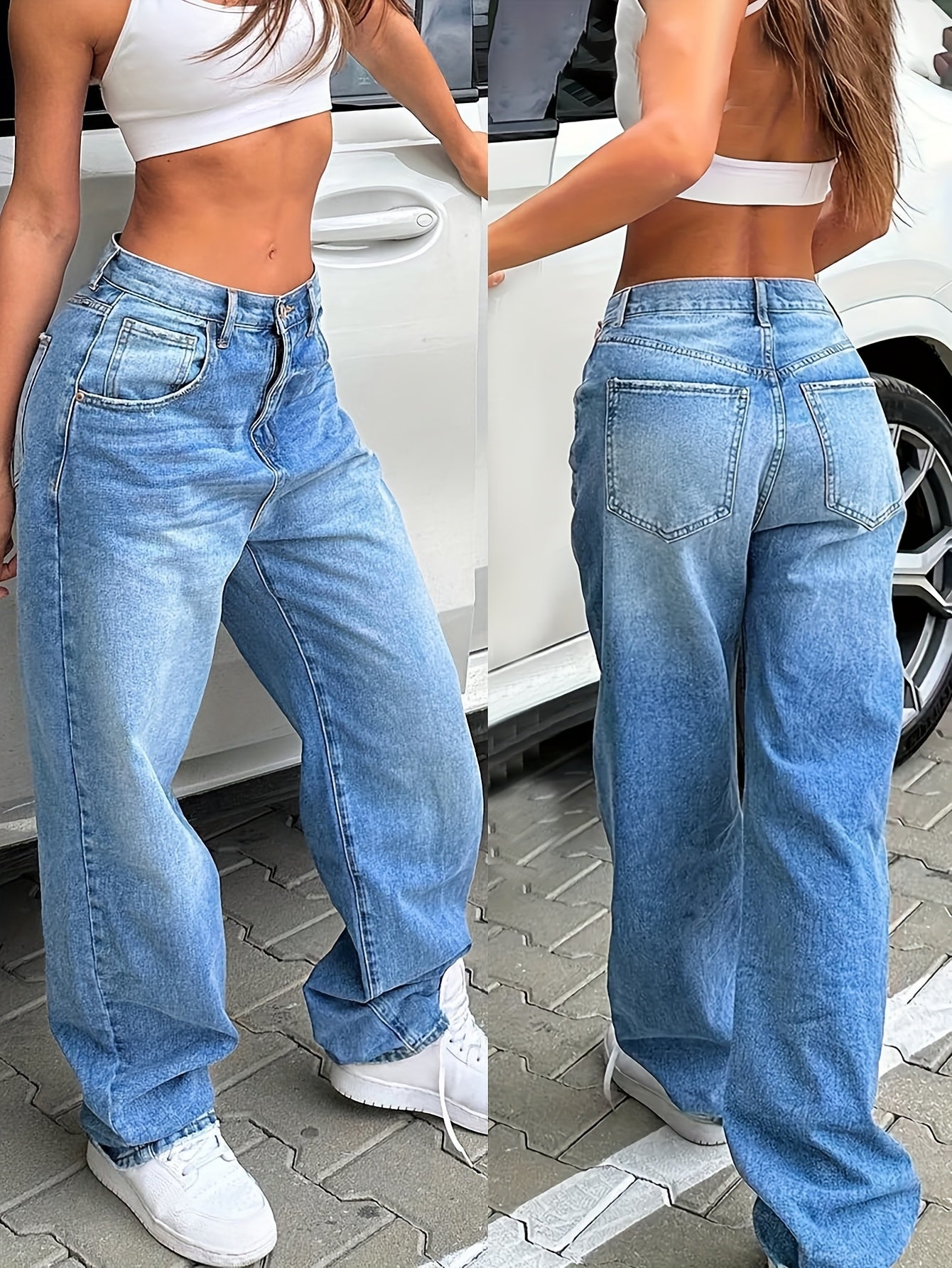 Women's Vintage Wide Leg Jeans with Y2K streetwear fashion, loose fit, solid color, zipper fly, pocket details, non-stretch woven fabric - 373g/m², long length.