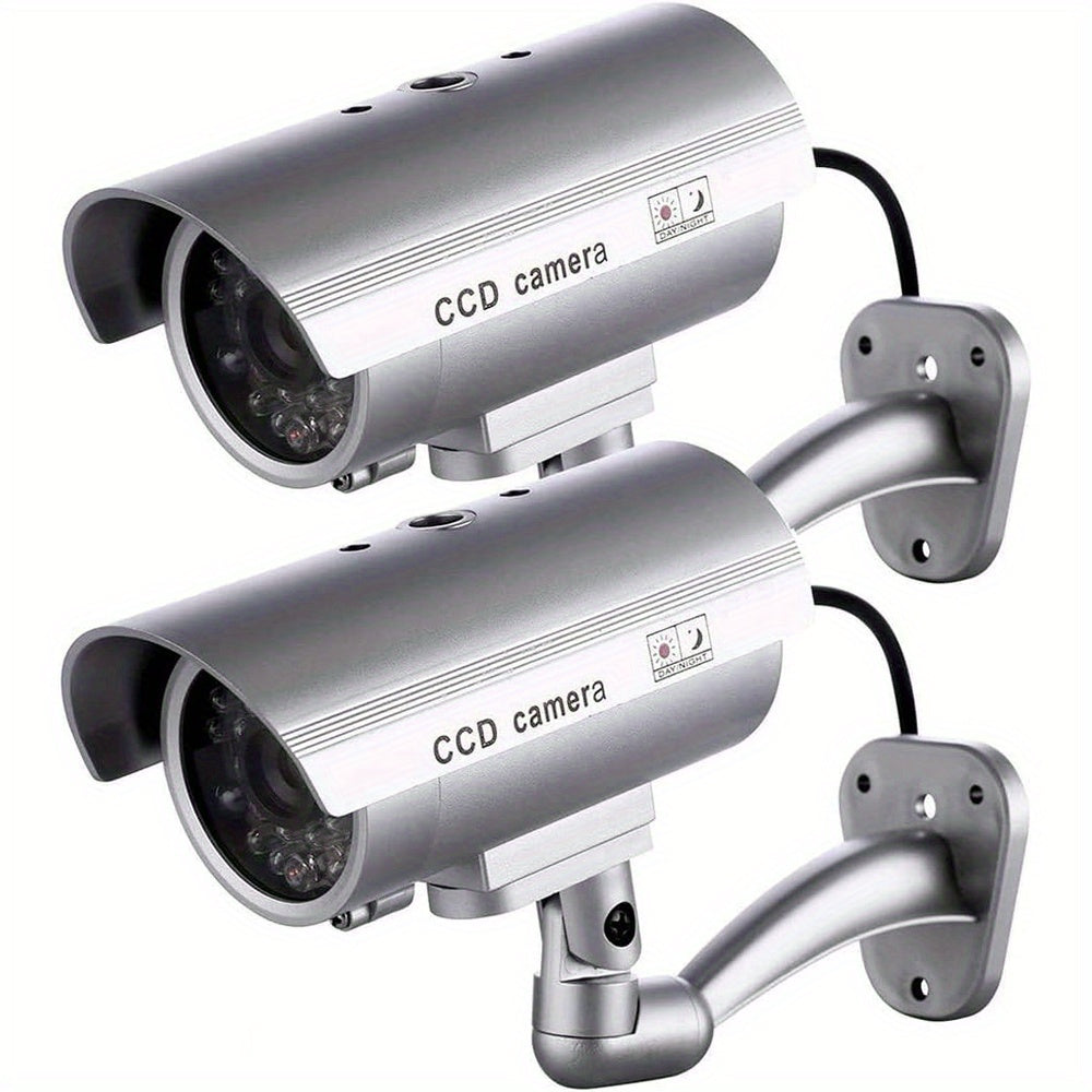 2-Pack Dummy Security Cameras with LED lights for Home Security, Outdoor/Indoor Use, with Warning Sticker.