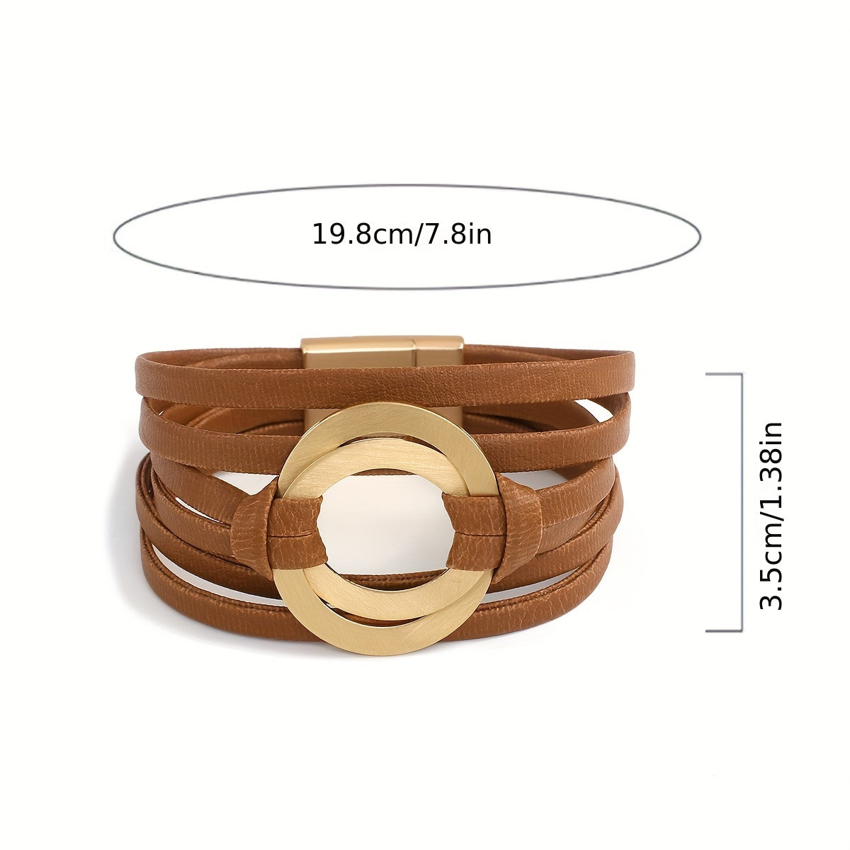 Artificial leather bracelet for women with double circle charm and magnet buckle clasp - a stylish wide bangle bracelet that makes a great gift.