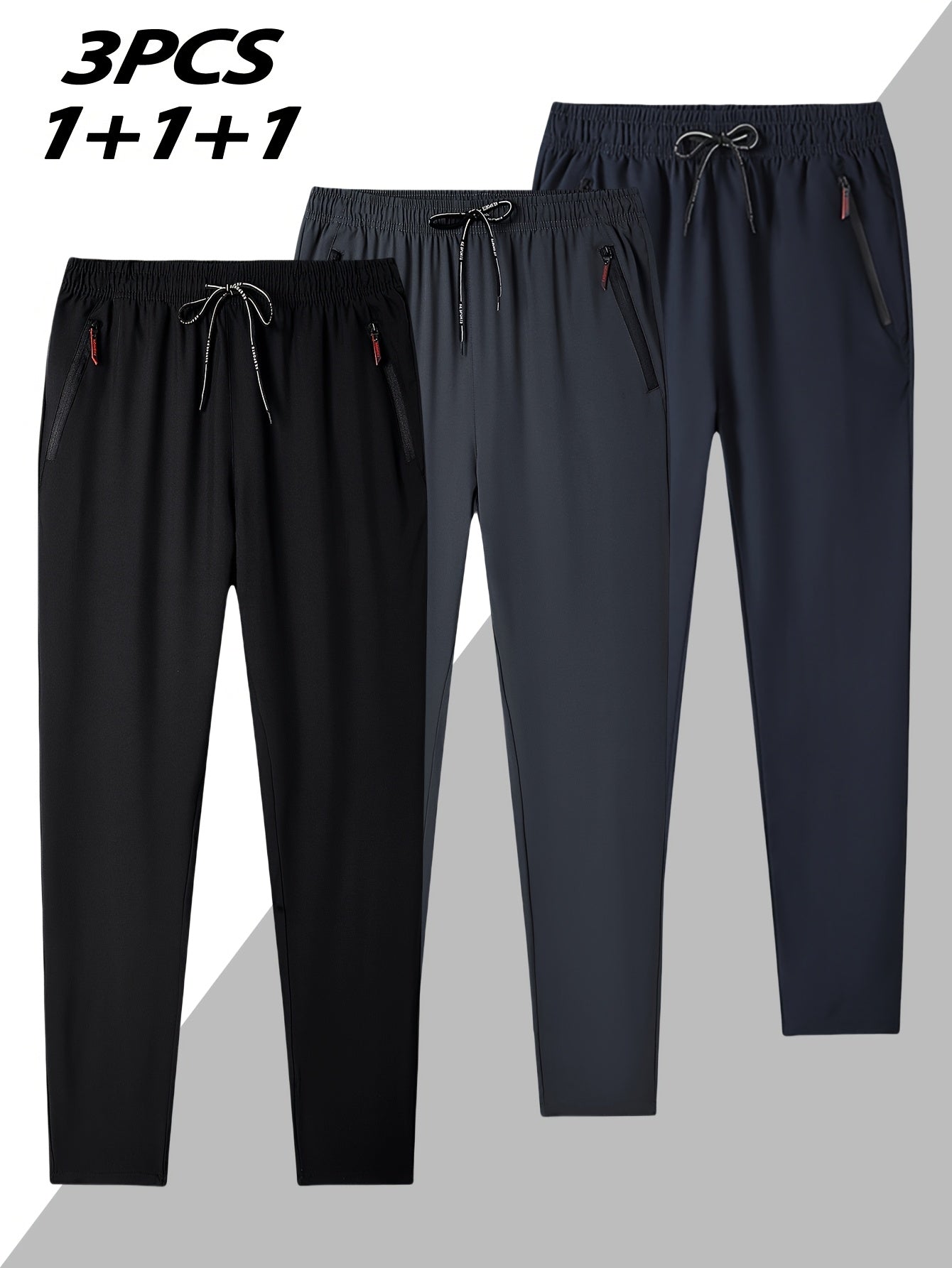 3pcs Men's Plus Size Casual Joggers - Comfortable, Stretchy Polyester Sweatpants for Spring & Summer. Machine Washable.