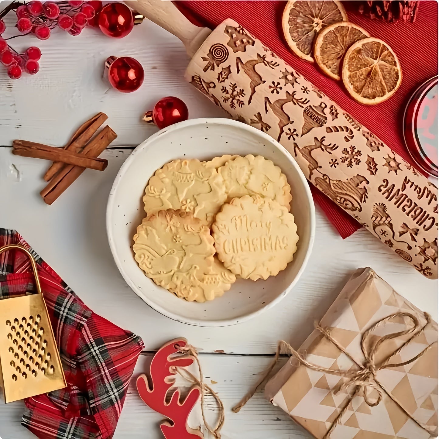 Get into the holiday spirit with our Christmas-themed Wooden Rolling Pin, featuring festive patterns perfect for cookies, pastries, and crafts. Measuring 34.8cm in length, this rolling pin is ideal for holiday baking, Thanksgiving, and Valentine's Day