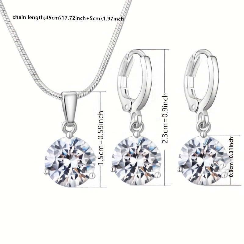 Crystal Zirconia pendant necklace & earrings set in white alloy with rhinestone accents, ideal for weddings and engagements, round shape, suitable for girls.