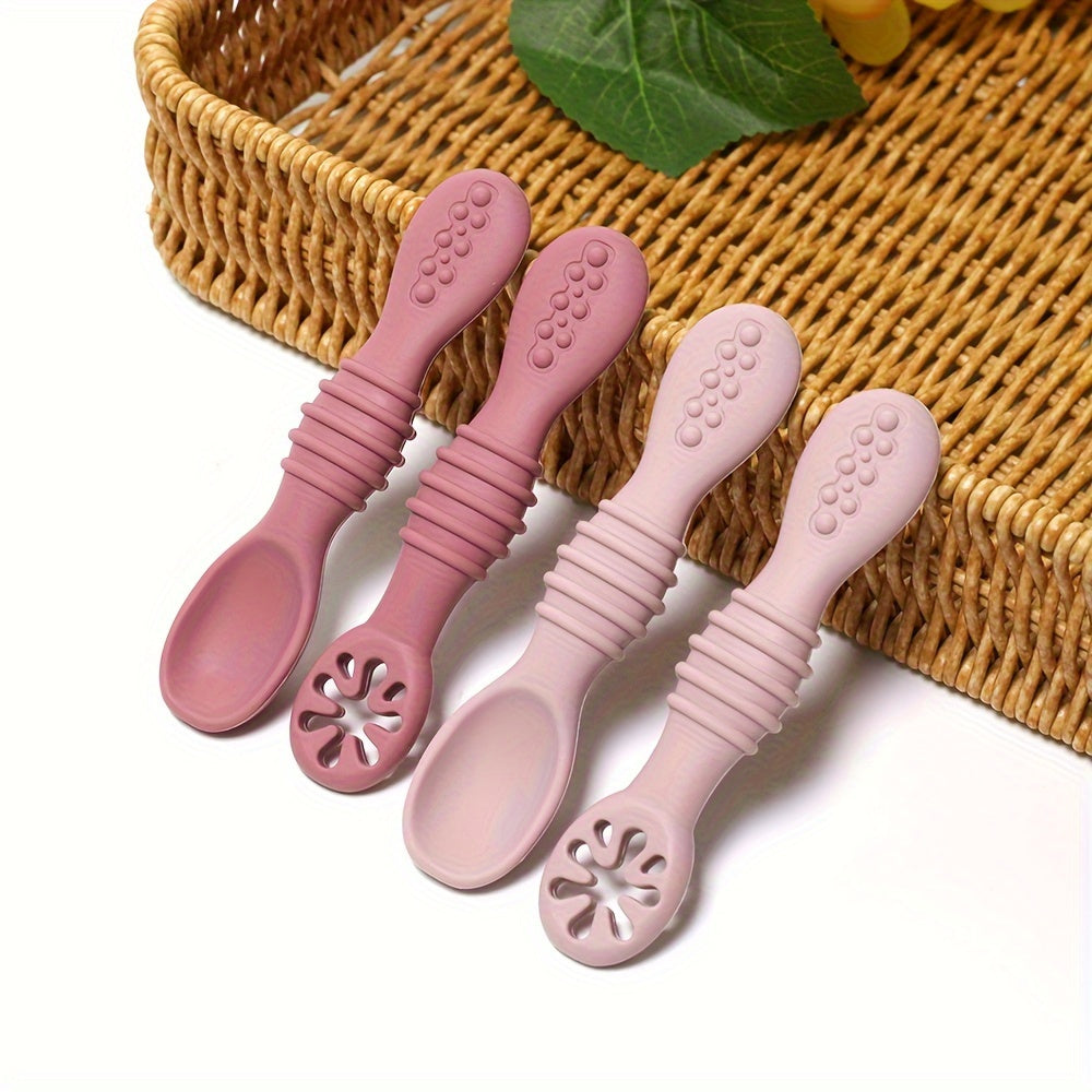 4-piece Silicone Feeding Set for Kids - Soft, Chewable Spoons in 3 Styles - Ideal for Self-Feeding Practice & Holiday Gifts