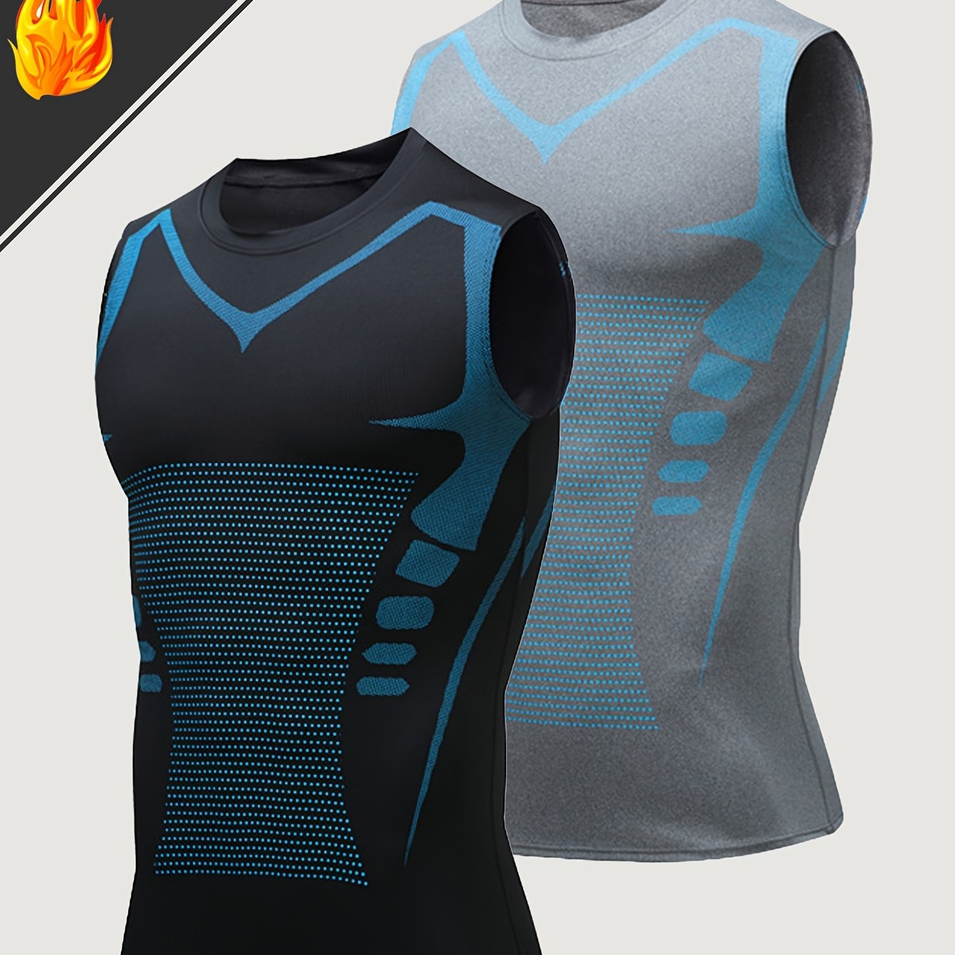 Two geometric-patterned sports vests for men made of quick-dry polyester and spandex blend. Crew neck sleeveless tank tops with medium stretch skinny fit. Suitable for all seasons, made of