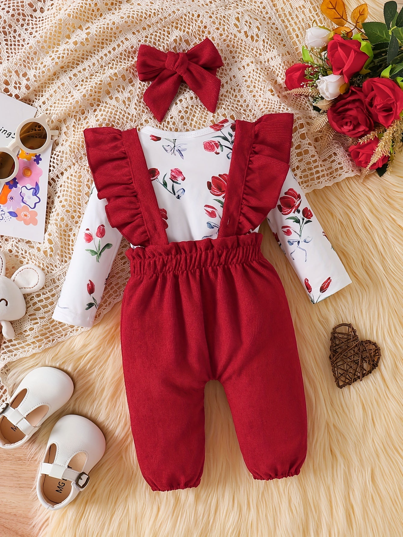 Cute Girls' 3-piece outfit: Floral romper, kitten overalls, and matching headband. Made of cotton blend, machine washable for fall/winter. Perfect for outdoor wear.