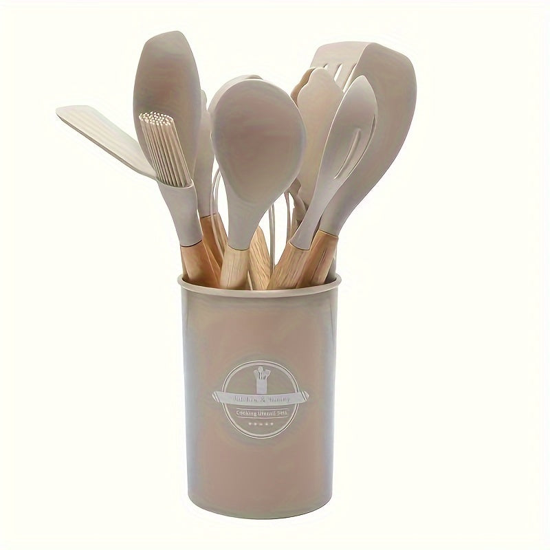 12-piece Silicone Kitchen Utensil Set featuring Non-stick Spatula, Spoon, Ladle, Whisk and Storage Rack. Ideal for Baking and Cooking, great for Christmas, Halloween, Easter, and Thanksgiving. A must-have for any kitchen, complete with handles for easy