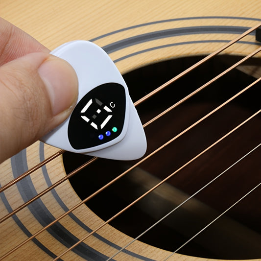 QiJiStar Guitar Pick & Tuner Combo with Digital Display, 12-Tone Equal Temperament for Folk Guitar & Ukulele, Battery Powered, White Plastic Material.