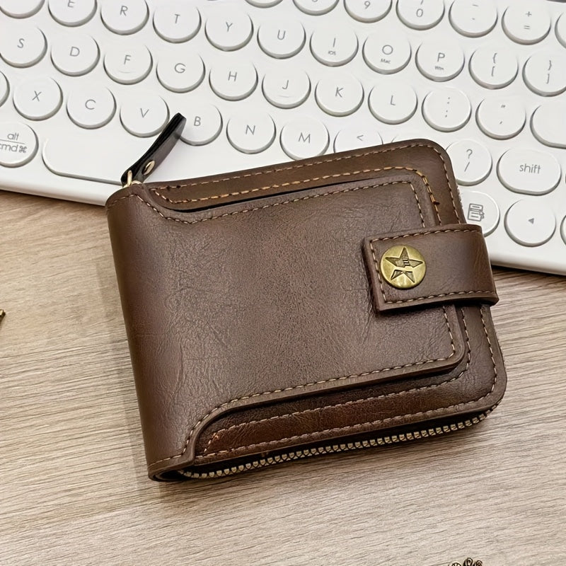 Sleek faux leather wallet featuring a tree pattern, with compact zippered credit card holder and coin purse in light brown for men.