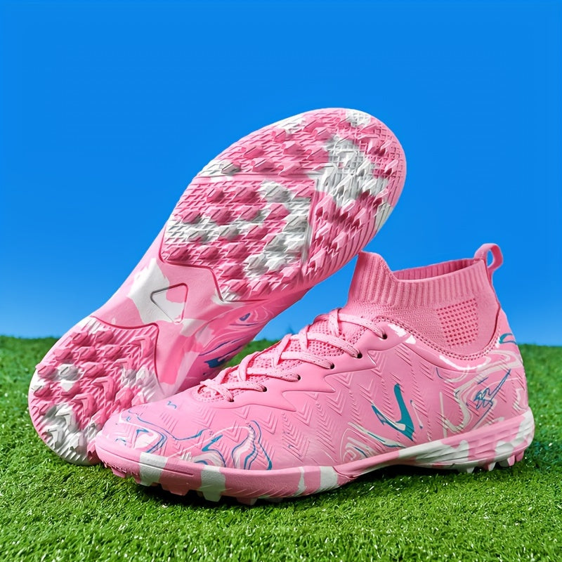 Men's soccer cleats with lace closure, PU upper, fabric inner & insole, and rubber sole for all-season sports activities.