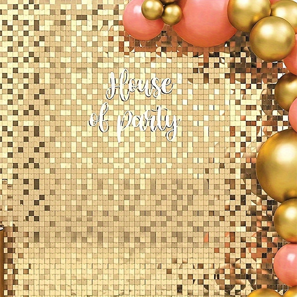 Golden sequin rain curtain for parties, no power required, ideal for birthdays and weddings.