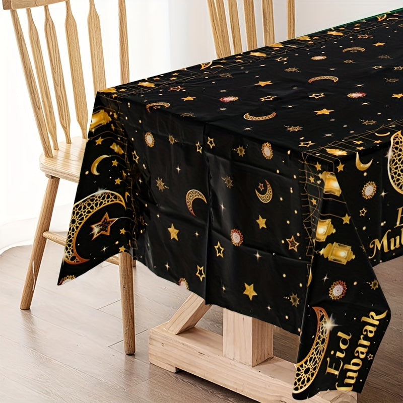 1pc Eid Mubarak tablecloth with black golden moon star lantern design, made of plastic PE, measuring 130x220cm. Perfect for Ramadan, Eid Al-Fitr, Islamic Muslim party decor, and Eid Al Adha