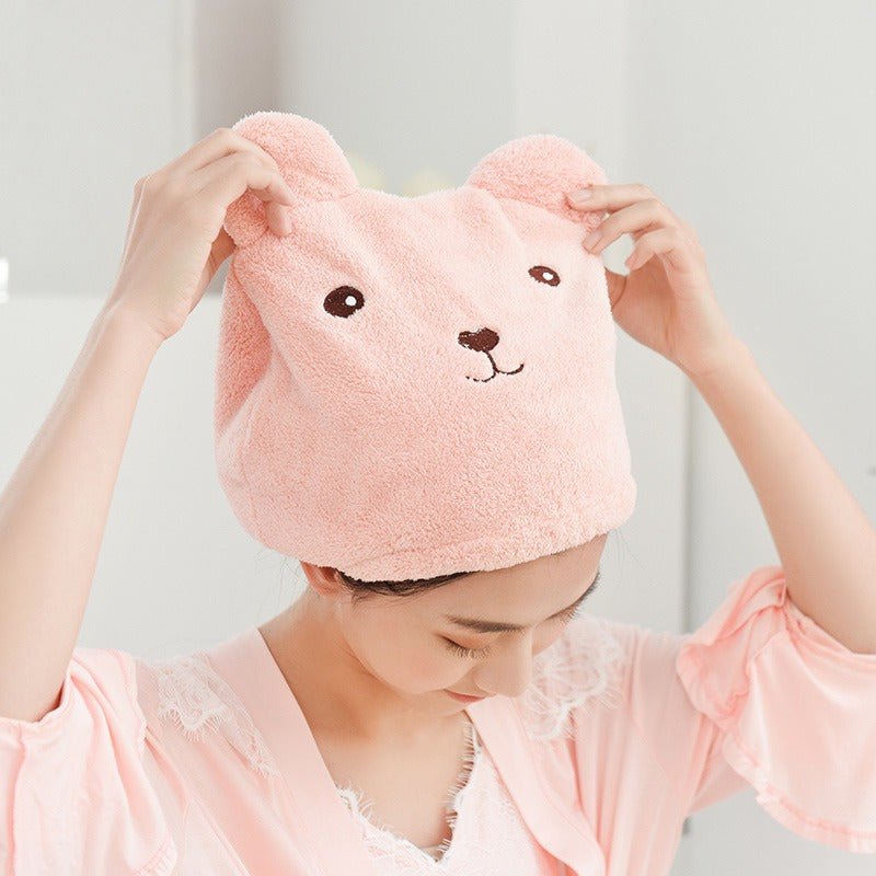 Modern cartoon bear hair towel made of thickened coral fleece, absorbent, fade resistant, lightweight quick-dry cap.