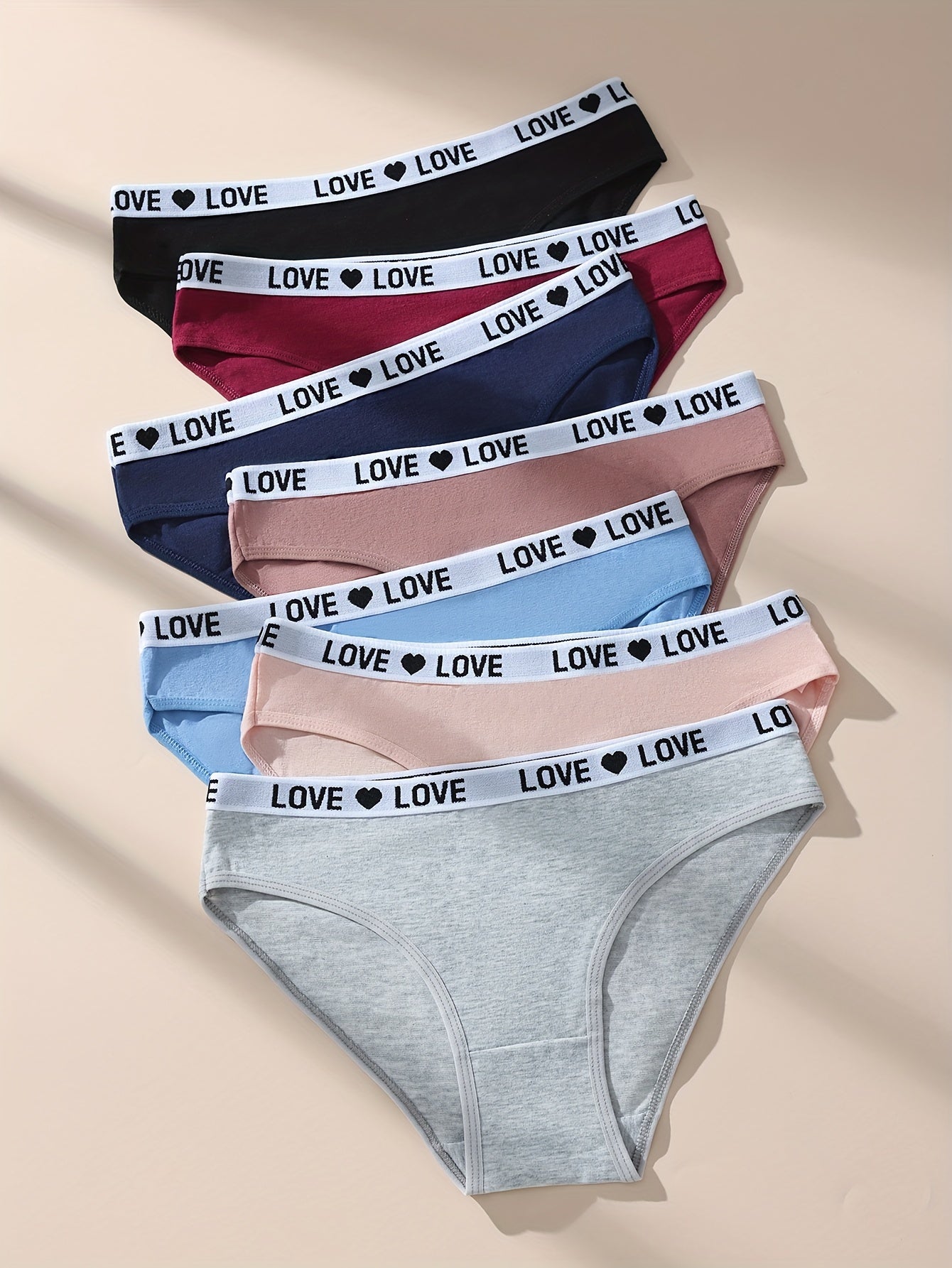 7pc Letter & Heart Tape Briefs, Comfortable Breathable Stretchy Panties, Women's Lingerie & Underwear