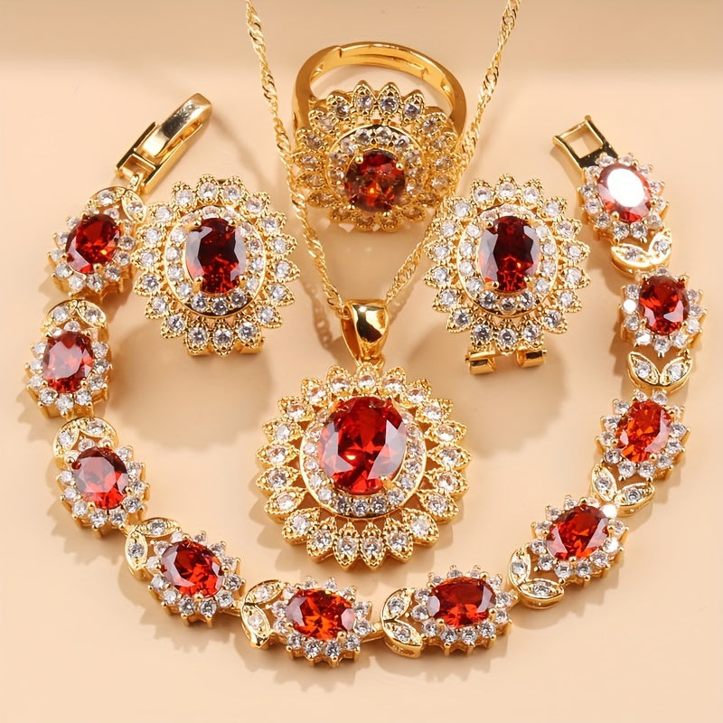 5-Piece Sunflower Jewelry Set with Cubic Zirconia for Women - Featuring Earrings, Ring, Necklace, and Bracelet - Ideal for Special Occasions like Weddings, Mother's Day, Valentine's Day, Parties, and Christmas, Perfect Gift for Brides