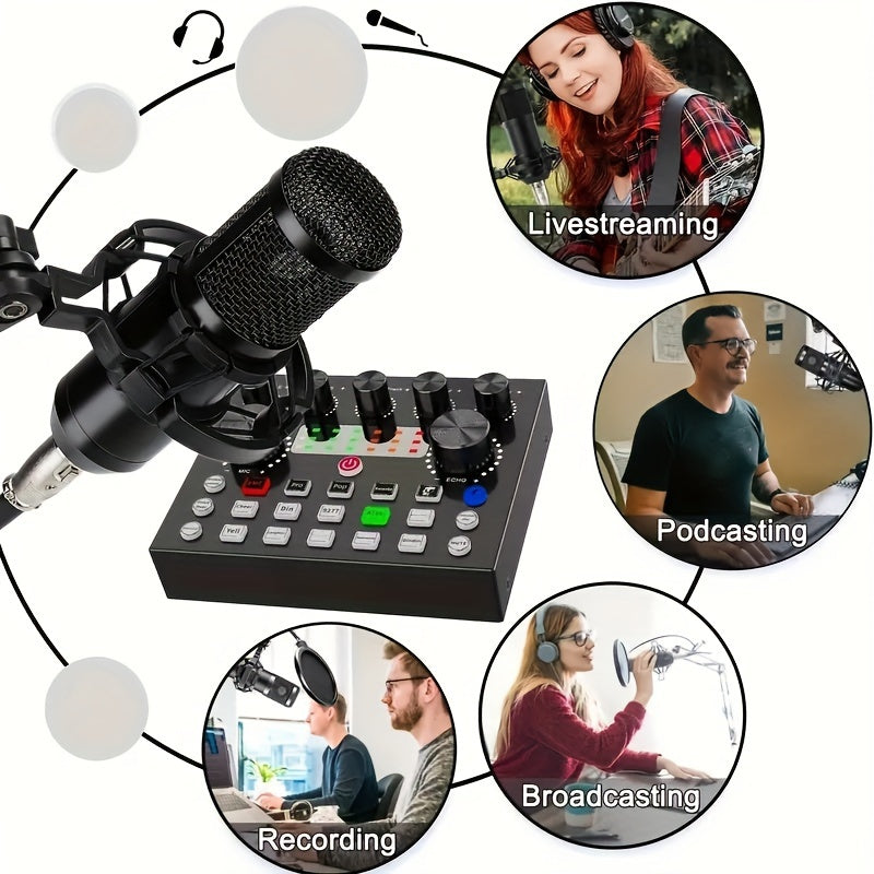 Podcast equipment set with BM-800 microphone, V8s+ sound card, and condenser microphone for laptop vlog live streaming.