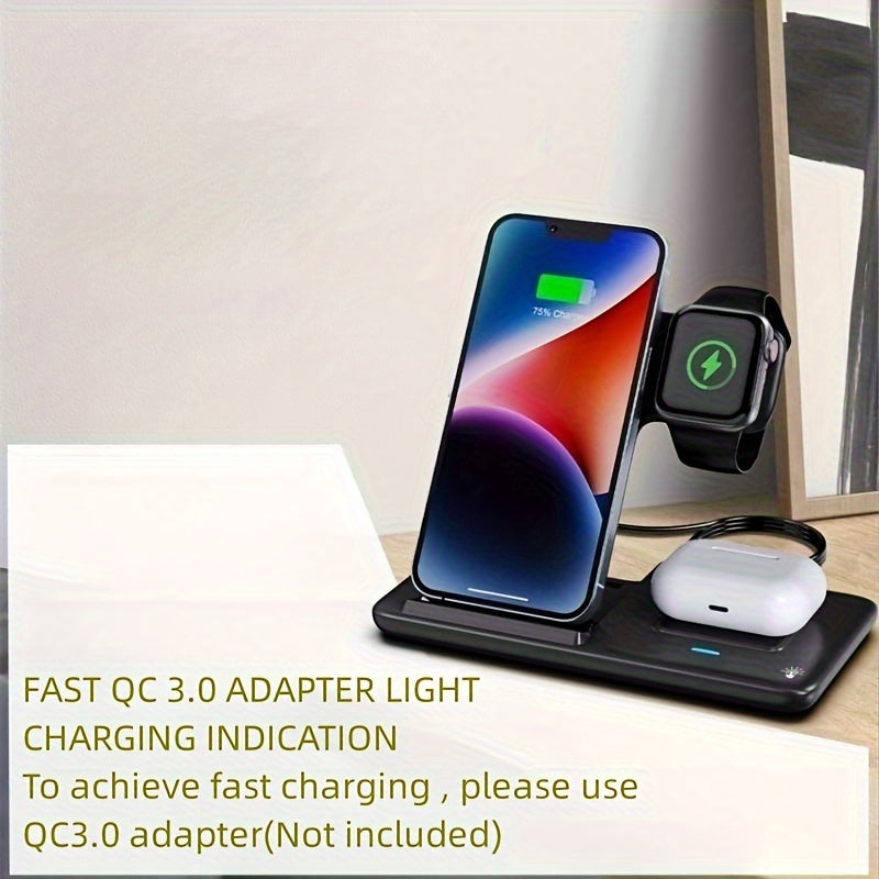 Folding wireless charger stand for Apple Watch, Airpods, and multiple devices with fast charging capability. Suitable for iPhone 14, 13, 11, and earlier models.