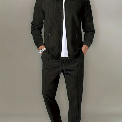 Men's 2-piece outdoor outfit: Solid long sleeve zip-up jacket with zipper pockets and pants.