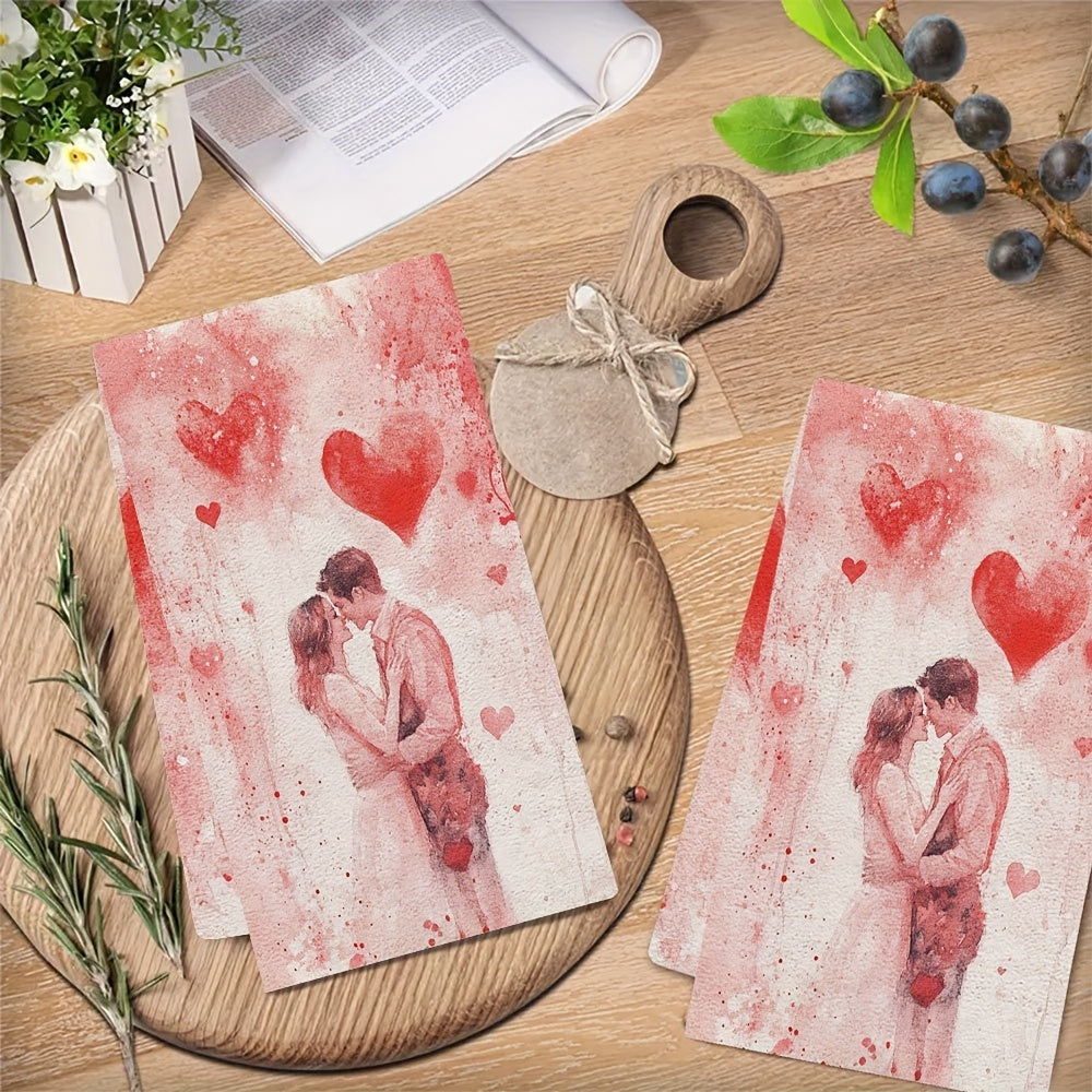 Two Romantic Valentine's Day Kitchen Towels featuring the "You Are My Valentine" Design. Made with Ultra Soft & Highly Absorbent Polyester, these Dish Hand Towels measure 40.64x60.96 cm. They are Machine Washable and come with a charming Red Hearts &