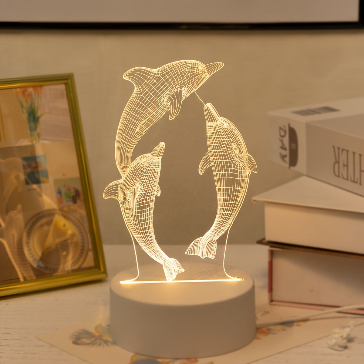 USB 3D Glowing Dolphin Night Light, Ocean Animal Table Lamp, Home Decoration, Birthday Gift