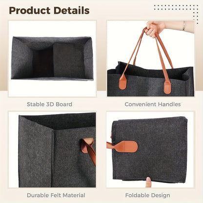 Felt storage basket with leather handles, foldable open top for organizing clothes and toys at home.