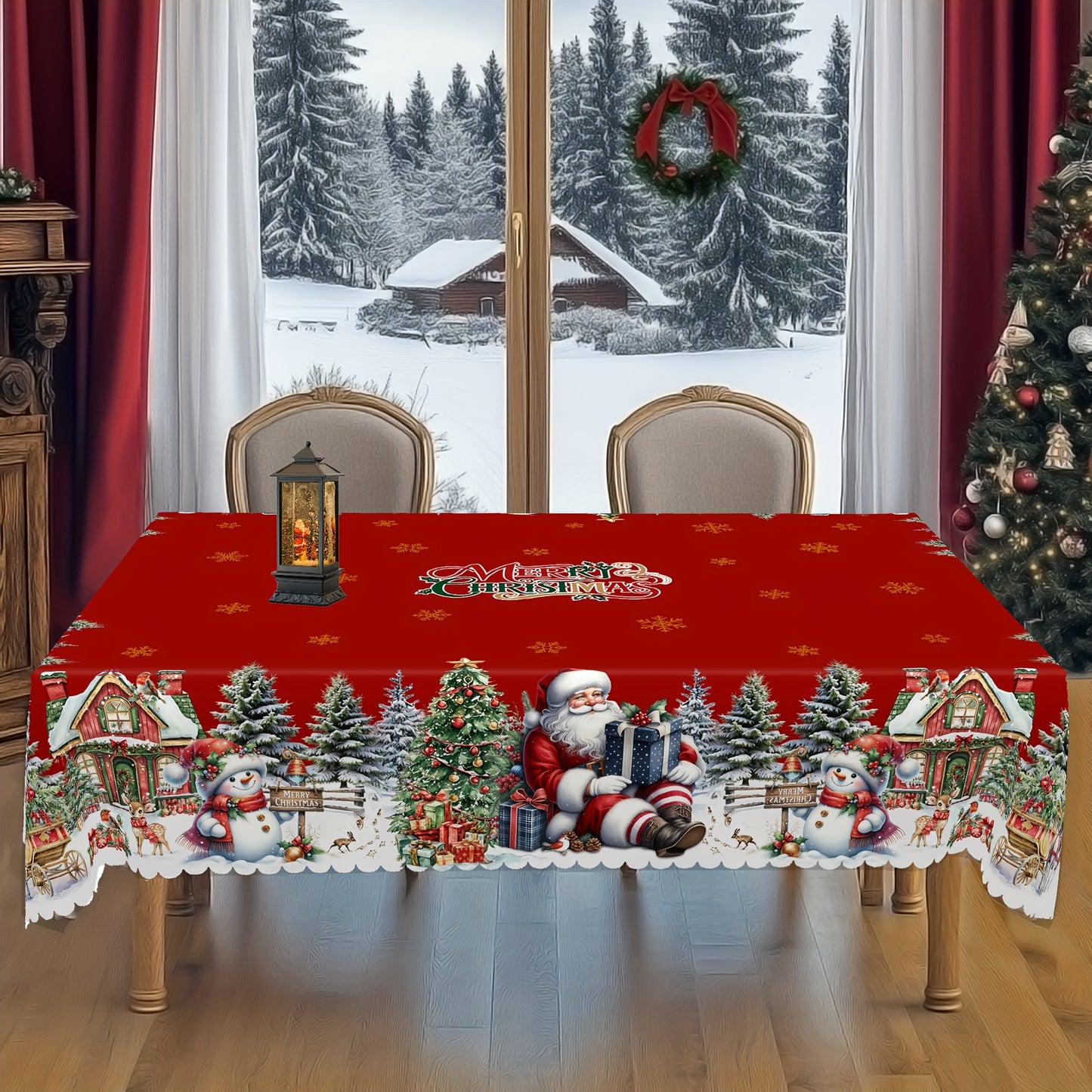 Get into the holiday spirit with our Christmas and New Year tablecloth featuring Santa Claus, Snowman, and Christmas Tree patterns. Made of durable polyester with edge embossed craft, available in 4 sizes for both round and rectangular tables. Perfect