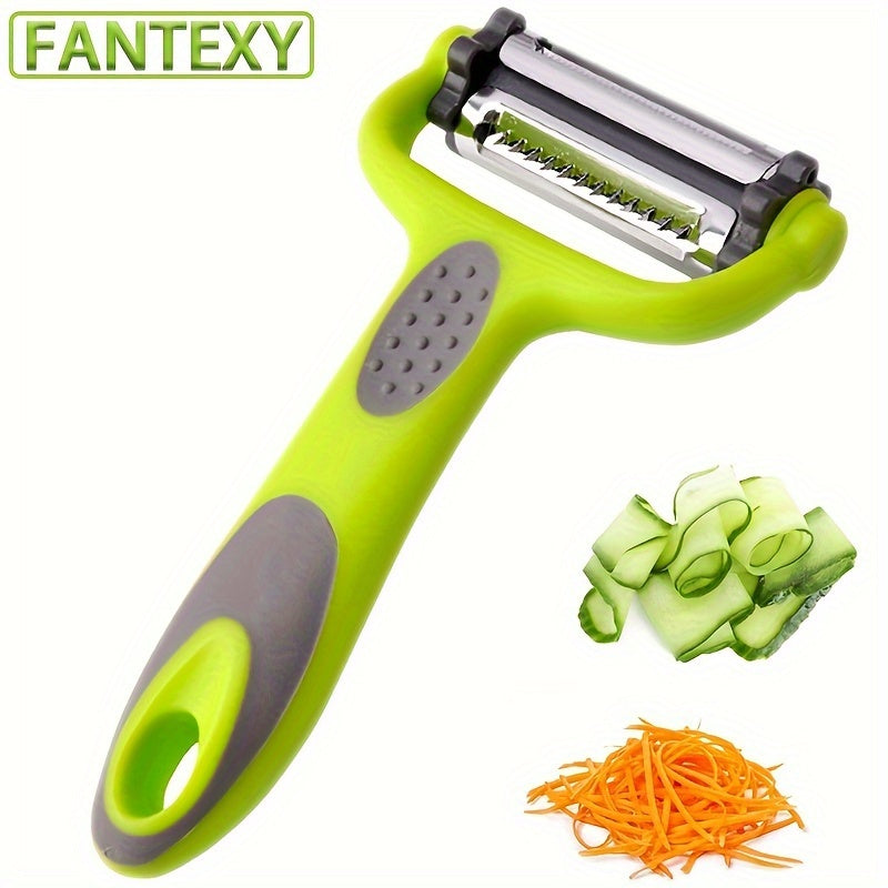 Multi-functional kitchen tool: includes a fruit and vegetable peeler, paring knife, and shredder in one convenient gadget - made from sturdy plastic material.