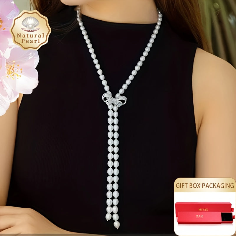 MUFAN Elegant Luxury Pearl Necklace features Natural Freshwater Pearls 6-9mm with Synthetic Zirconia Inlay. It has a Bowknot Tassel Design and is free from plating. This necklace is perfect for daily wear and gifting, as it is June Birthstone Compatible