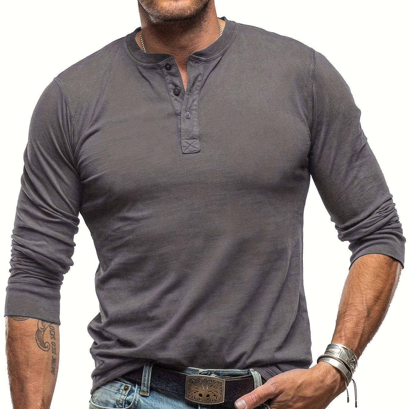 Amazon Men's Long Sleeve T-shirt, 100% Cotton Underwear, European and American Henley Shirt