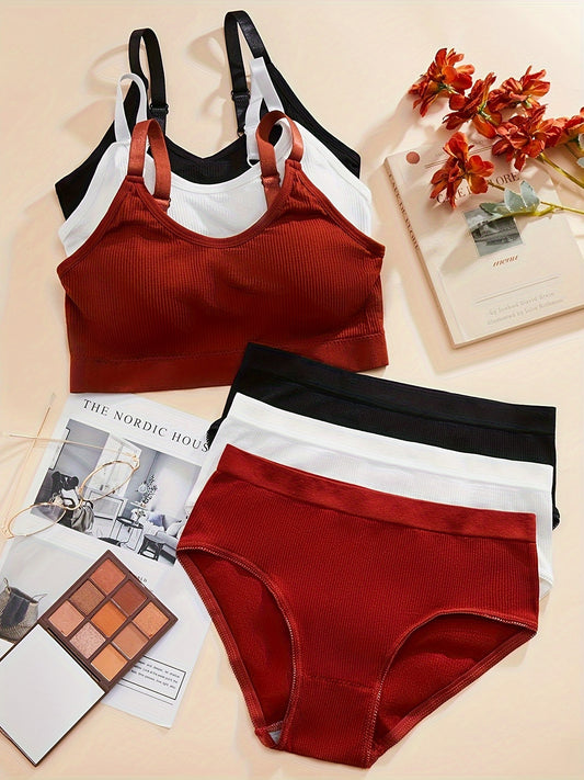 6-piece set of solid ribbed bra and panties, simple sports bra and elastic panty lingerie for women.