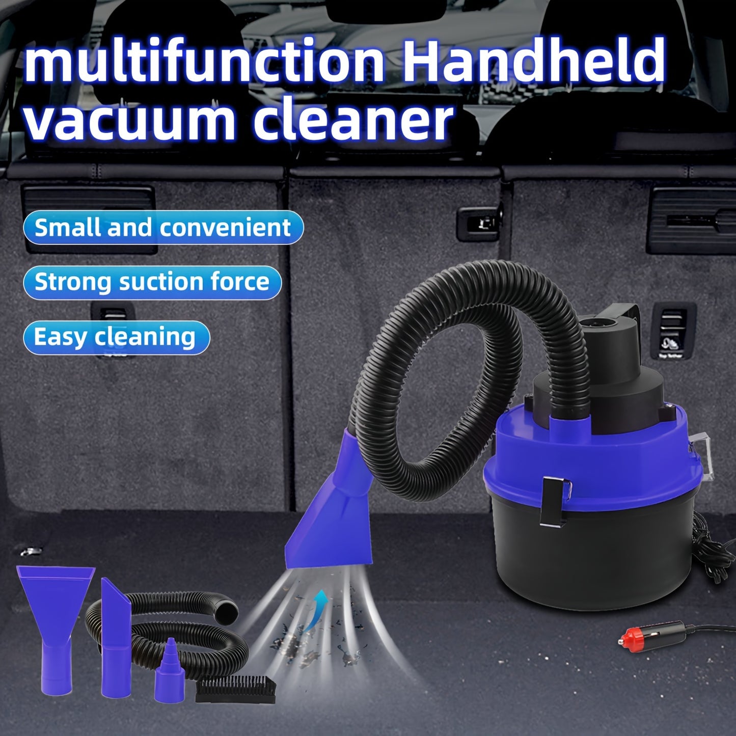 Car vacuum cleaner with suction and blowing capabilities for interior cleaning, mounted on vehicle.