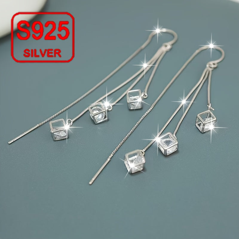 A pair of women's fashion draped earrings with long tassel and curved hook square ear line design, perfect for a summer seaside wedding. Made of hypoallergenic 925 silver, weighing 3.2g, these earrings are a great gift for daily wear, weddings, banquets