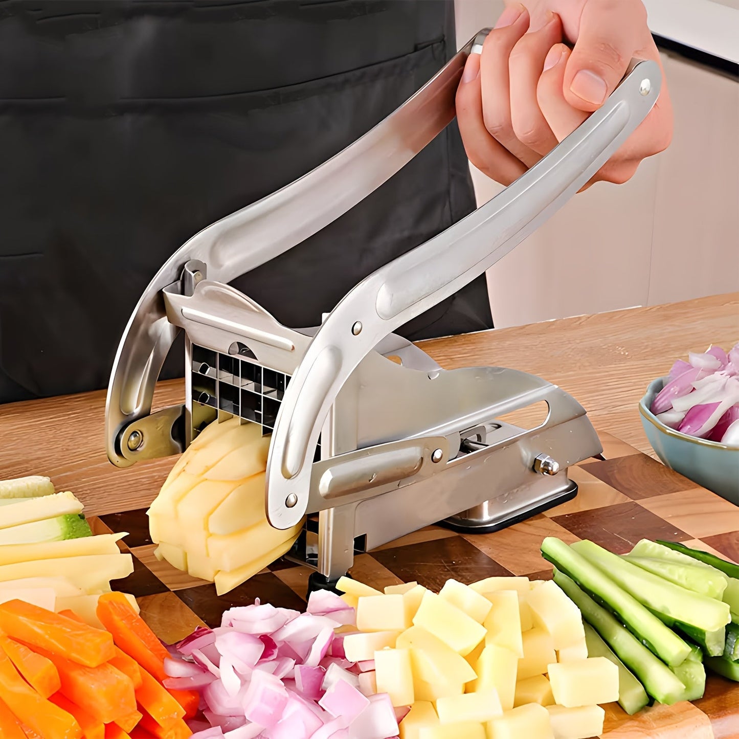 Stainless Steel Potato Slicer with Improved Design and Suction Cup Base for Effortless Usage - Versatile Vegetable & Fruit Cutter for Home and Professional Kitchens