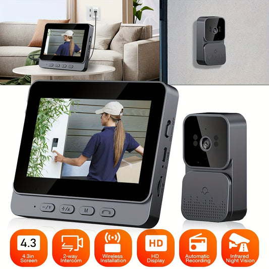 4.3-Inch Video Doorbell Intercom System with 1080P Camera, Monitor, IR Night Vision, 2-Way Intercom, No Wifi Needed.