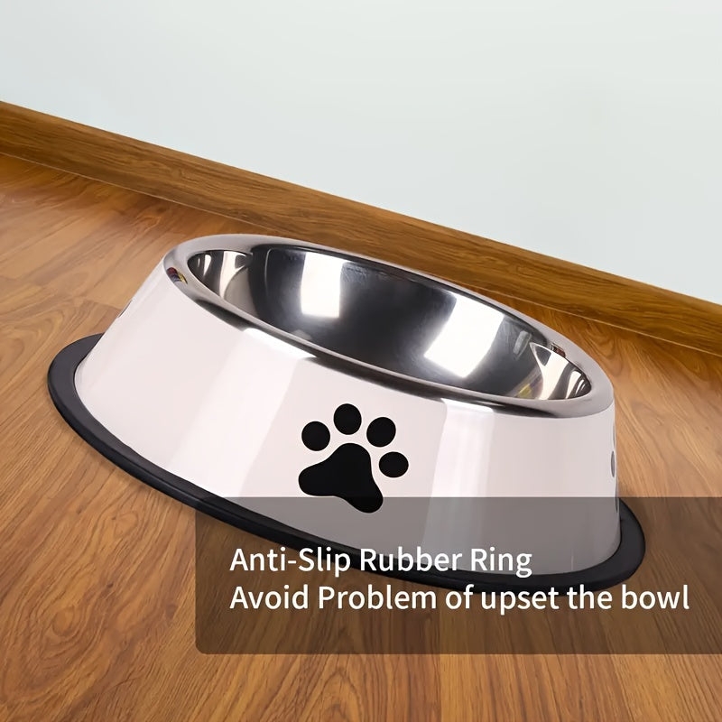 High-quality stainless steel pet bowl with non-slip base, easy to clean, ideal for dog and cat food or water, offered in three sizes.