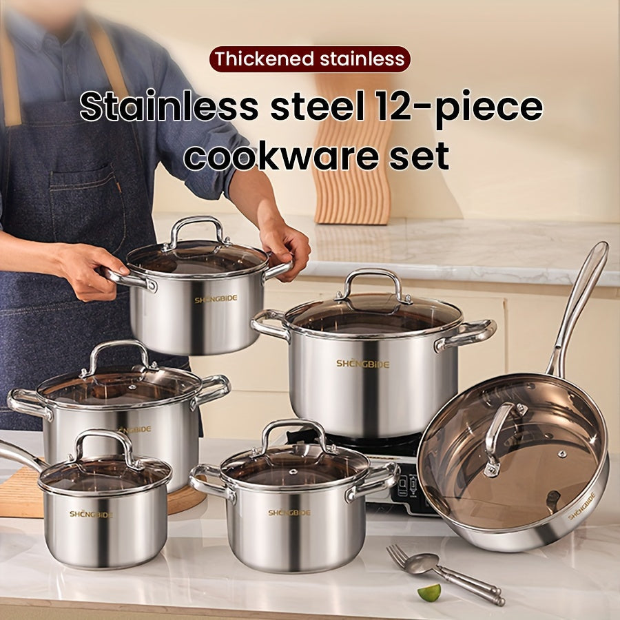 The 12-piece Stainless Steel Cookware Set includes 4 cooking pots, 1 skillet, 1 saucepan, and 6 lids. This set is perfect for a variety of cooking needs, with its large capacity and even heat distribution. It is compatible with both induction and gas