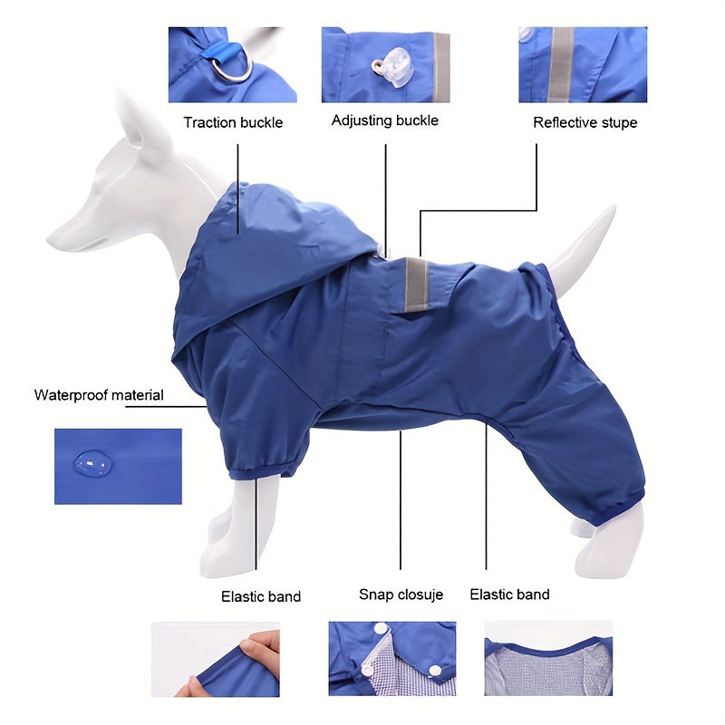 Waterproof reflective dog raincoat with snap buttons, stretch fabric. Suitable for small to medium breeds, hand wash only. Hooded, water resistant.