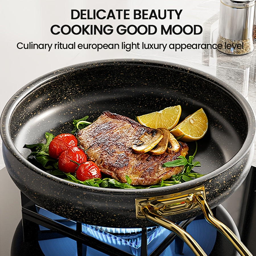 This stainless steel cookware set includes 12 pieces, featuring a triple-layer high-temperature resistant non-stick coating. The set also has golden-plated handles and heat-resistant silicone wood utensils. It is easy to clean, ensures even heat