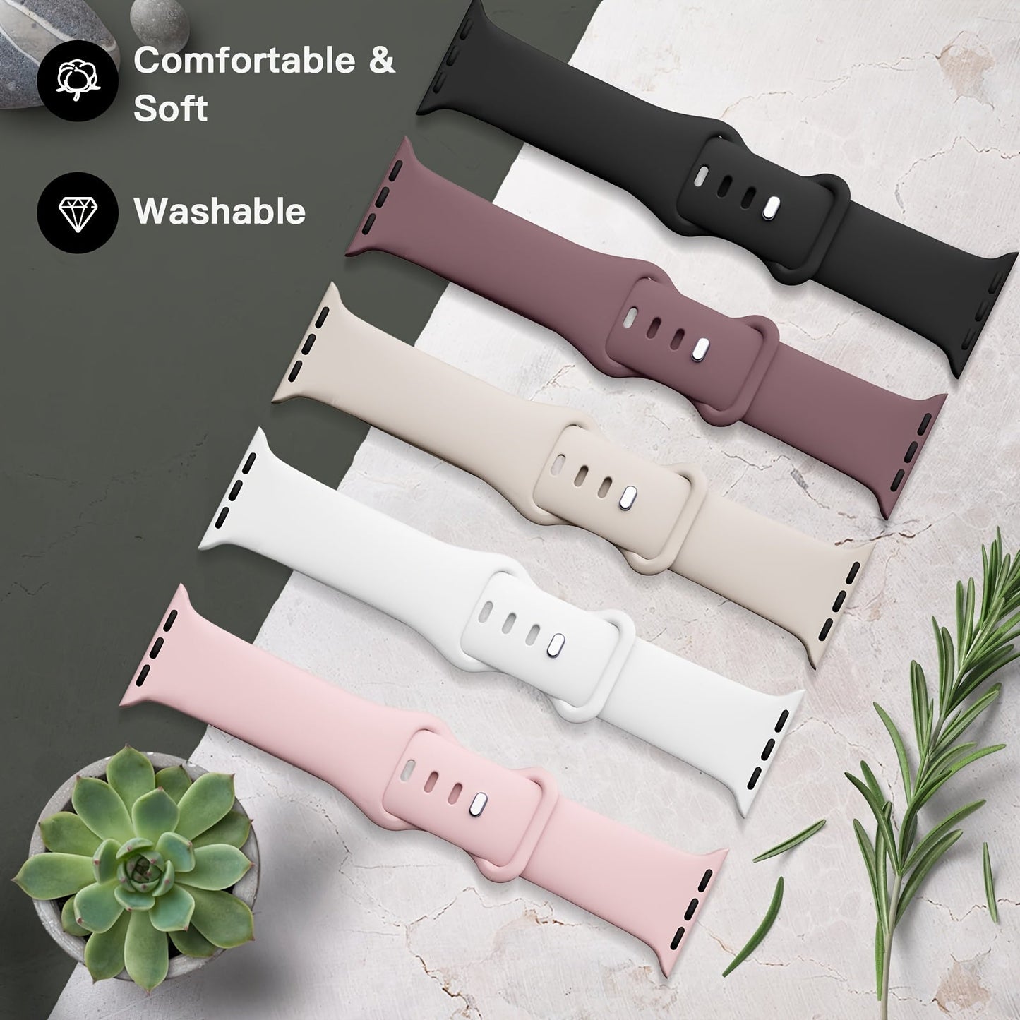 Get five pieces of silicone sport bands for your iWatch. These soft, waterproof wristbands are compatible with models ranging from 38mm to 49mm. Perfect for both men and women, these bands are designed to fit Series SE, 9, Ultra, 8, 7, 6, 5, 4, and 3.