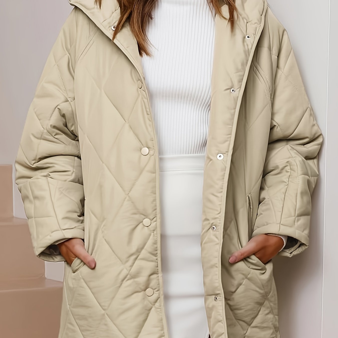 Quilted plain hooded jacket coat for women, perfect for fall & winter. Casual, long sleeve and warm outerwear.