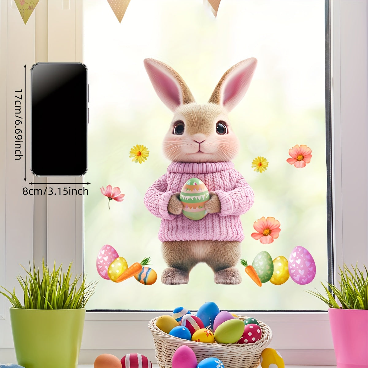 Decorate your home for spring with this adorable Easter Bunny holding egg dual-sided electrostatic window decal. This cute rabbit design features a carrot and flowers, making it the perfect addition to your Easter decor. Made from reusable PVC material