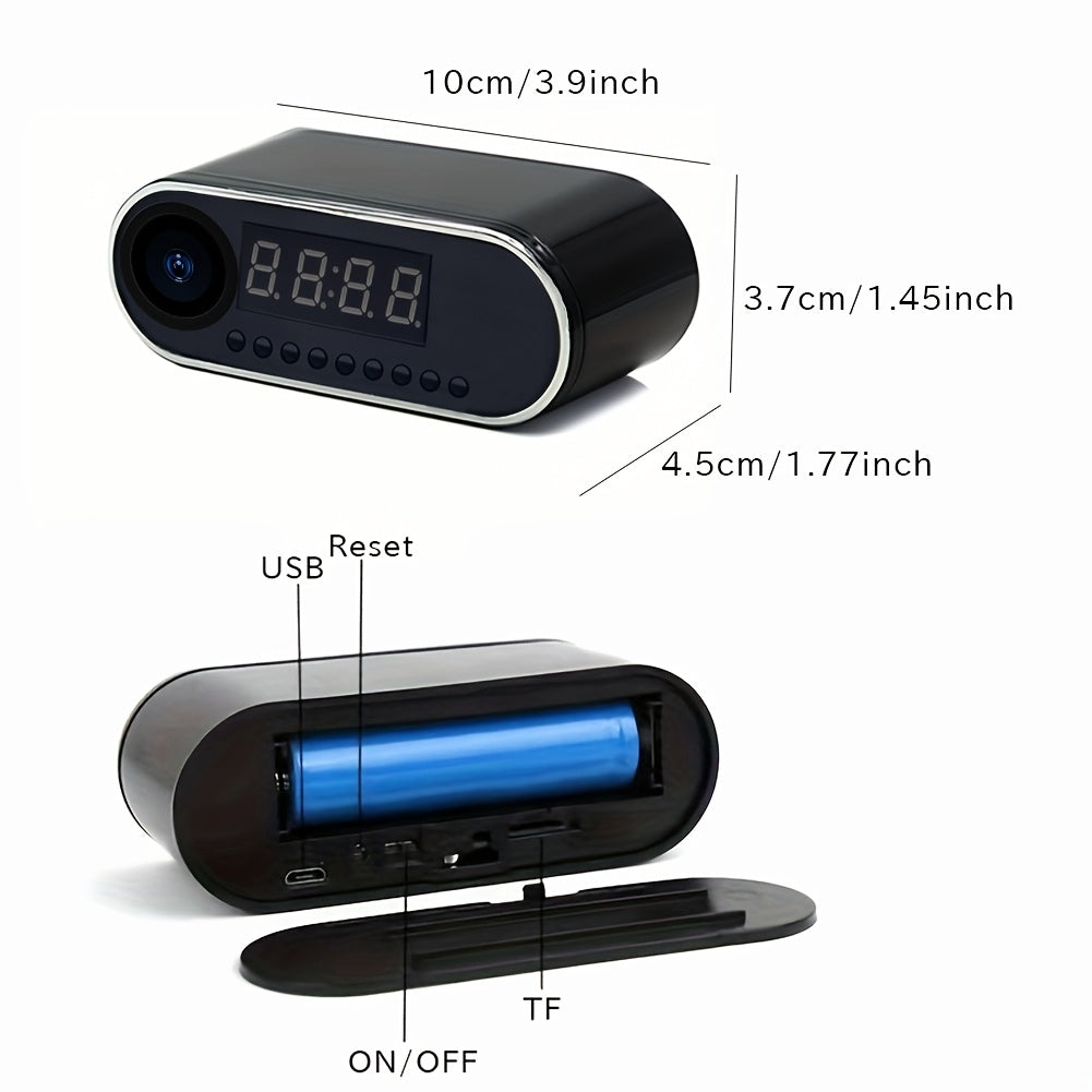 Mini camera clock with HD 1080P WiFi, night vision, wide-angle monitoring, and 64gb memory card for home security.