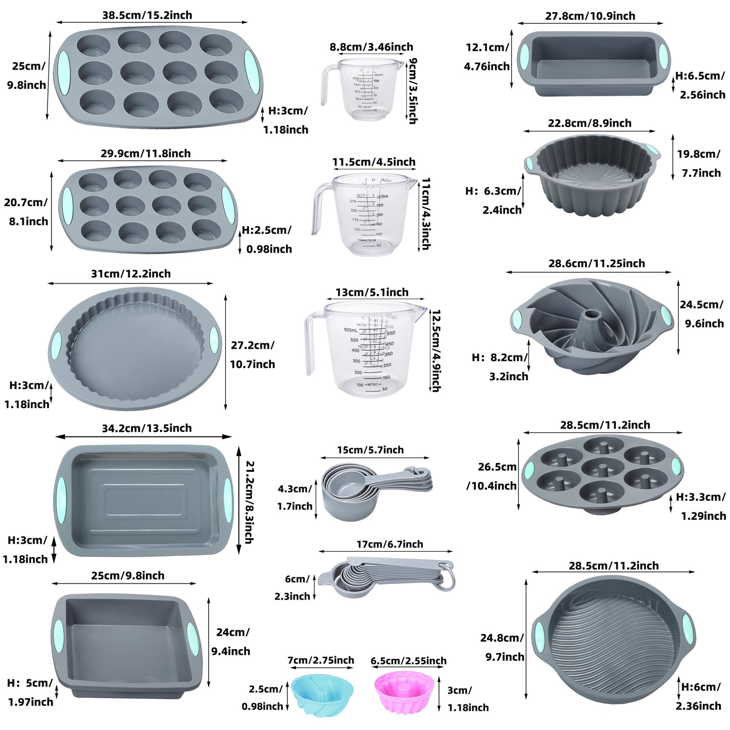 Silicone Baking Set with 45 Pieces including Nonstick Bakeware for Baking Cookies, Cakes, Muffins, and Breads. Set includes Loaf Pan, Cake Pan, Pizza Pan, Mini Cupcake Mold, Bundt Pan, Charlotte Cake Pan, and Measuring Cup and Spoon.