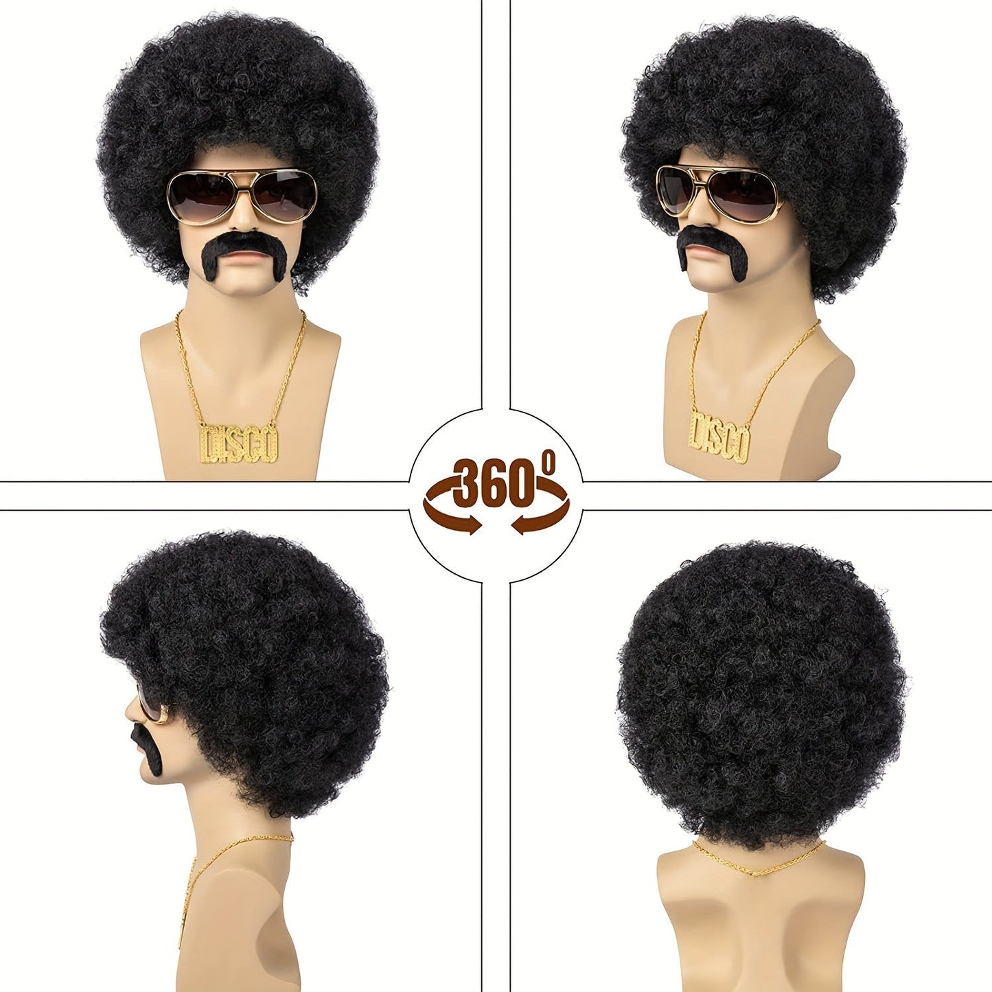 This 70s-themed men's 5-piece set includes a natural short black curly synthetic hair wig, glasses, necklace, beard, and wig cap. Perfect for Christmas parties or role-playing events, this set is great for gifting.