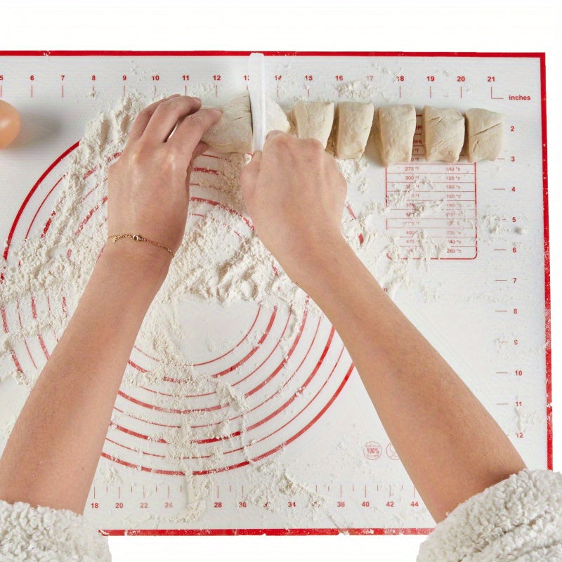 Get 100 pieces of Transparent Disposable PE Gloves, Thin Film Gloves, and Sanitary Gloves, perfect for all your kitchen needs. Also included is a Multifunctional Non-Slip Baking Mat with Measurement Lines, ideal for rolling dough, pastries, and making