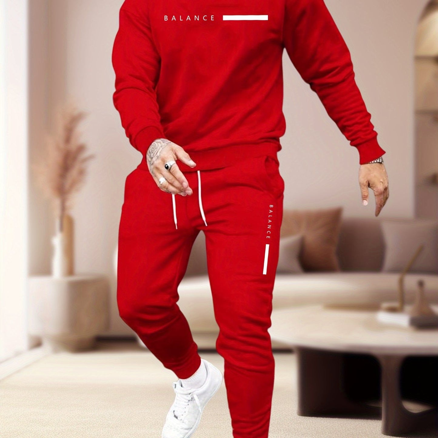 Men's casual 2-piece set: Polyester sweatshirt & joggers with unique print design, machine washable, round neck, and pockets.