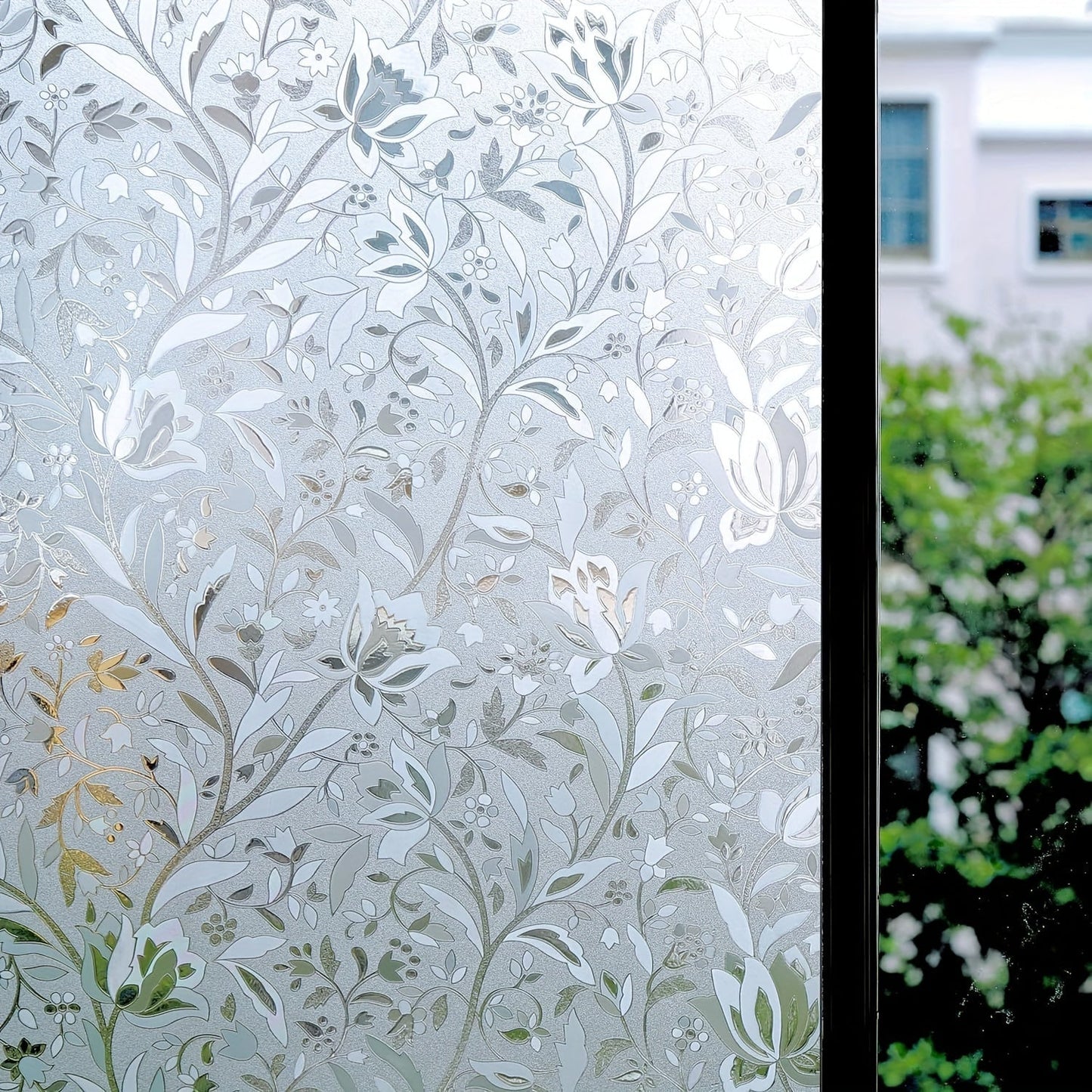 Contemporary Tulip Pattern PVC Window Privacy Film, Decorative Static Cling Glass Film for Home and Office Windows and Doors - Removable Non-Adhesive Privacy Cover