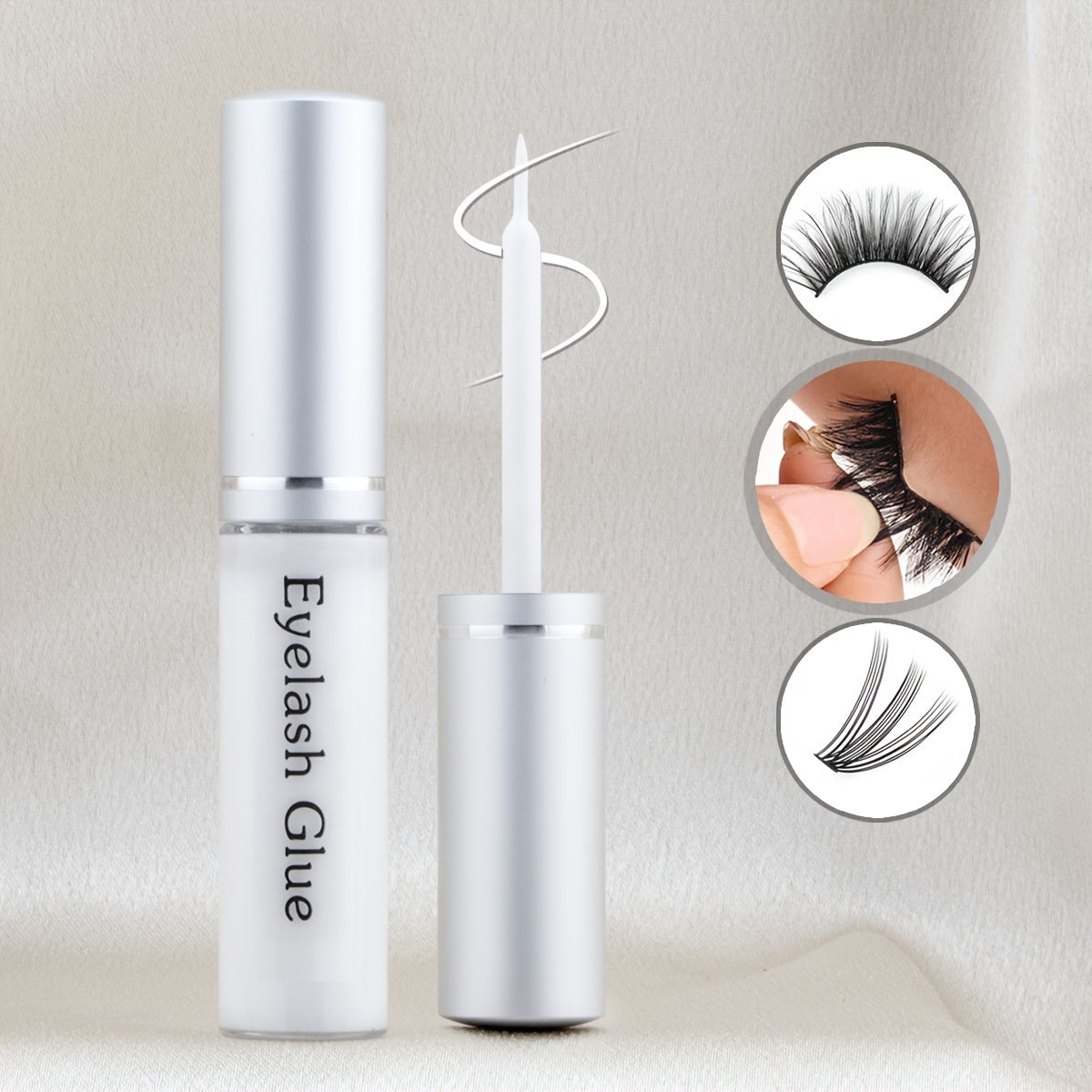 Unscented waterproof eyelash glue for strong hold, compatible with plastic false lashes, long-lasting formula up to 24 hours, sweatproof in ≤100ml bottle.