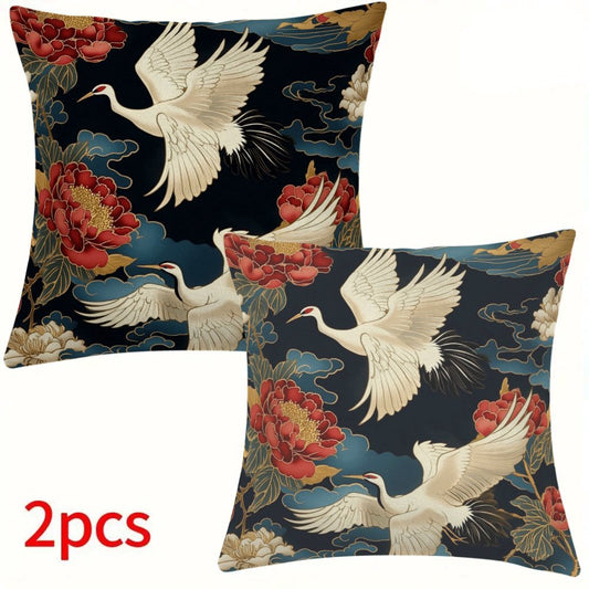 Elevate your home décor with this 2-pack of modern floral and cranes design short plush pillow covers, measuring 45.72x45.72 cm each. These zippered cushion cases are made from machine washable flannel fabric, perfect for all seasons. Add a touch of