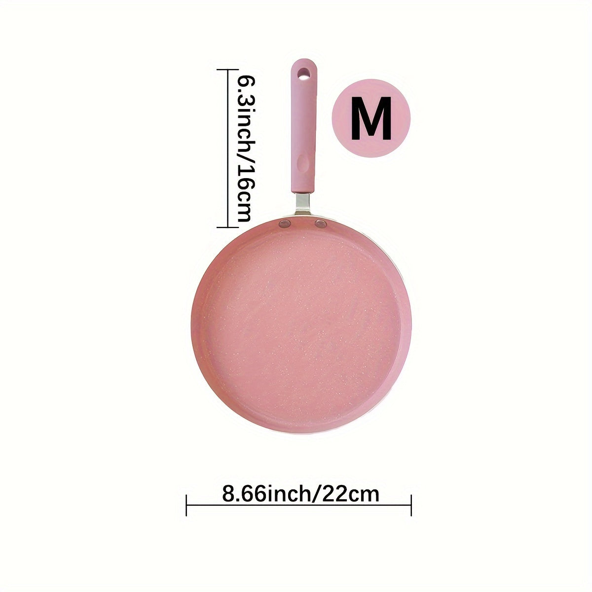 Non-stick aluminum frying pan with pink mica stone finish and wooden handle. Dishwasher safe and compatible with electric coil stoves. Perfect for cooking pancakes and eggs without the need for electricity.